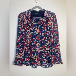 Lafayette 148 100% Silk‎ Blue Red Tan Geometric Long Sleeve Blouse Womens